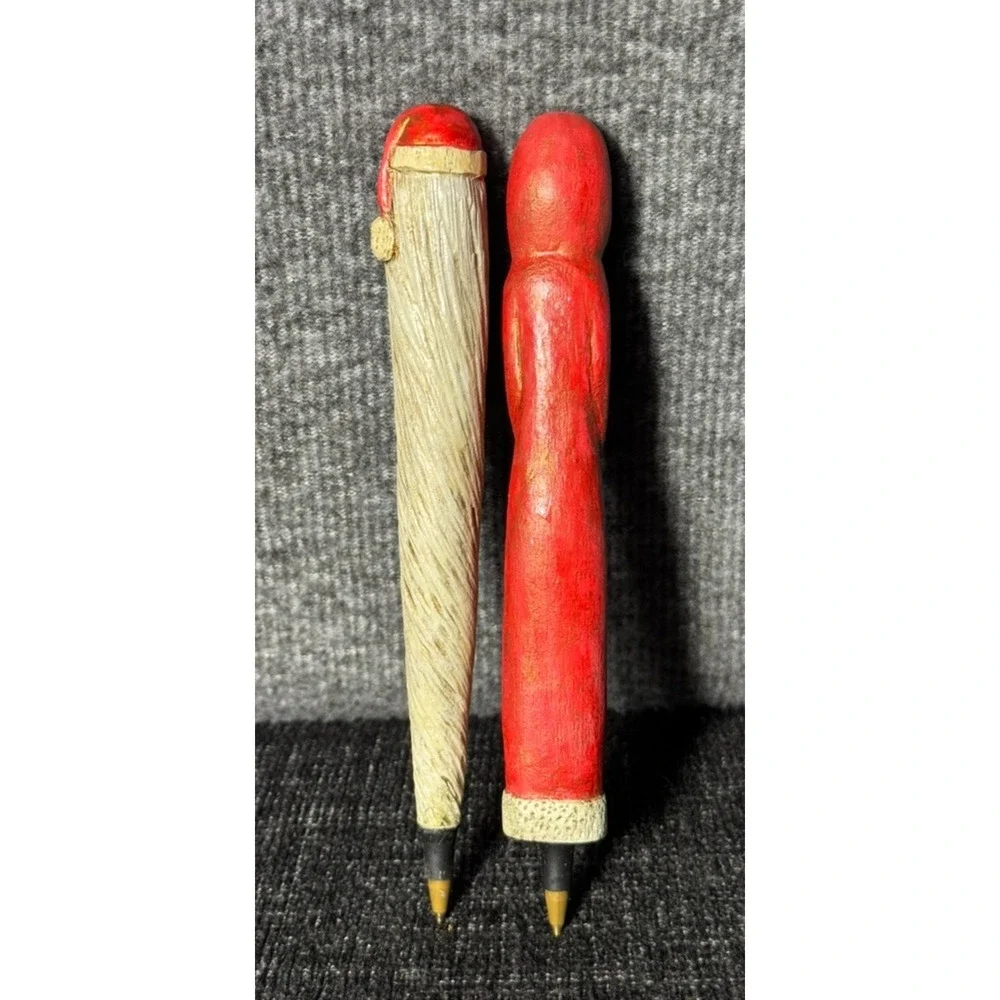 Wood Carved Santa - Long Skinny Pen Santa Claus Figurine
